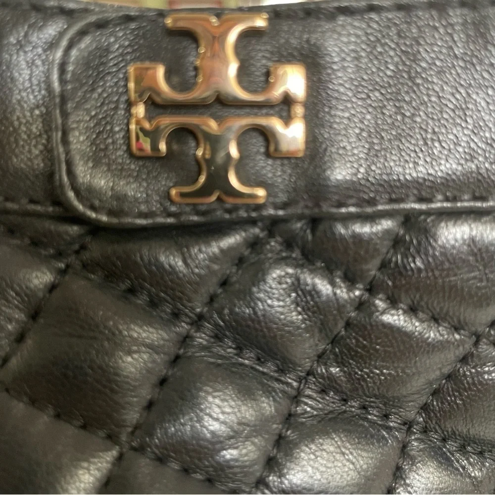 Tory Burch Leila Black Quilted Leather Wedge Ankle Booties Gold Logo Zip Size 8M